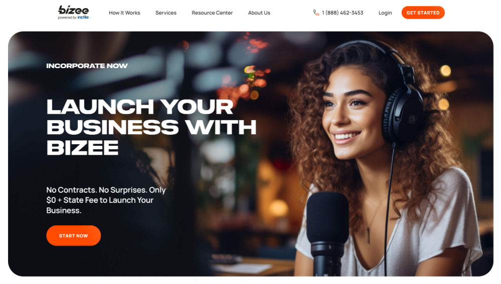 Bizee landing page, with a female podcast host working.
